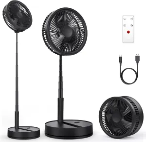 LIPETY Portable Oscillating Travel Fan with Remote - 7200mAh Rechargeable Battery Folding Standing Pedestal Fan Foldable Stand Up Tall Floor Sleeping Bed Fans for Home Bedroom (9 inch Black) Battery-powered portable fan