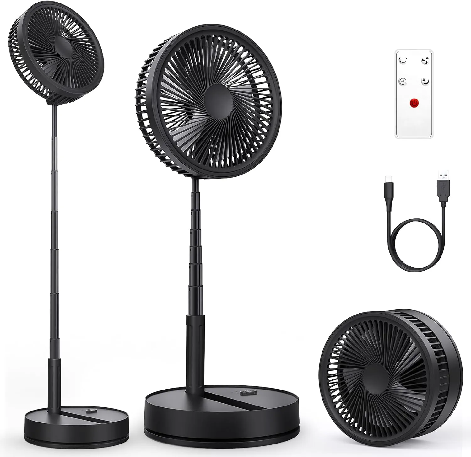 LIPETY Portable Oscillating Travel Fan with Remote - 7200mAh Rechargeable Battery Folding Standing Pedestal Fan Foldable Stand Up Tall Floor Sleeping Bed Fans for Home Bedroom (9 inch Black) Battery-powered portable fan