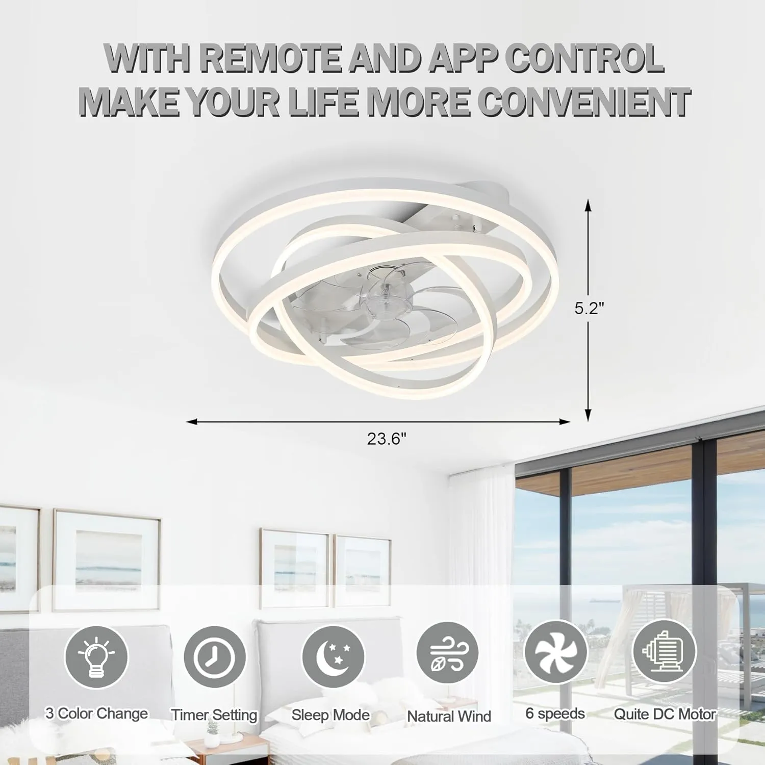 Low Profile Ceiling Fan with Light, Flush Mount Ceiling Fan with lights 6 Speed Dimmable Ceiling Fans with Lights and Remote and App Control for Bedroom
