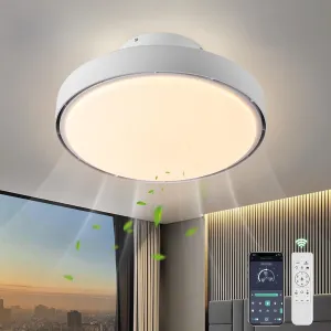 Low Profile Ceiling Fan with Light,18.9" Bladeless Flush Mount Ceiling Fan with Remote,6 Speeds,Reversible,Dimmable Modern Enclosed Ceiling Fans for Bedroom Living Room,White Small bladeless fan for quiet cooling