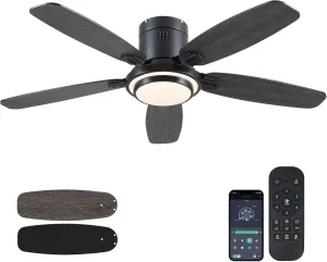 Low Profile Ceiling Fan with Lights and Remote/APP, 50 Inch Modern Flush Mount Ceiling Fan with 3CCT 6-Speeds Quiet DC Motor,Dimmable 3-Color Temperatures for Living Room Bedroom(Black) App-controlled remote fan for convenience