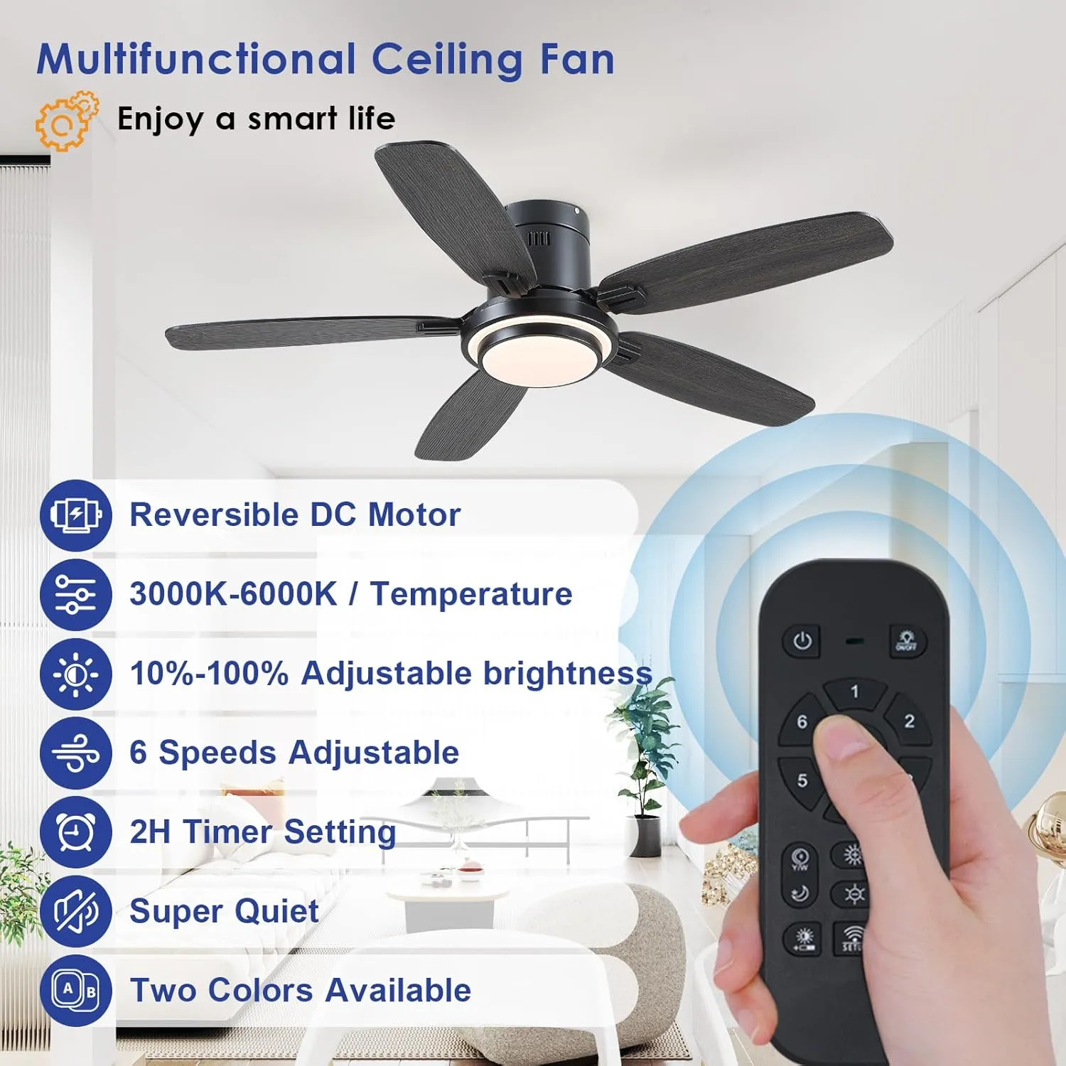 Low Profile Ceiling Fan with Lights and Remote/APP, 50 Inch Modern Flush Mount Ceiling Fan with 3CCT 6-Speeds Quiet DC Motor,Dimmable 3-Color Temperatures for Living Room Bedroom(Black)