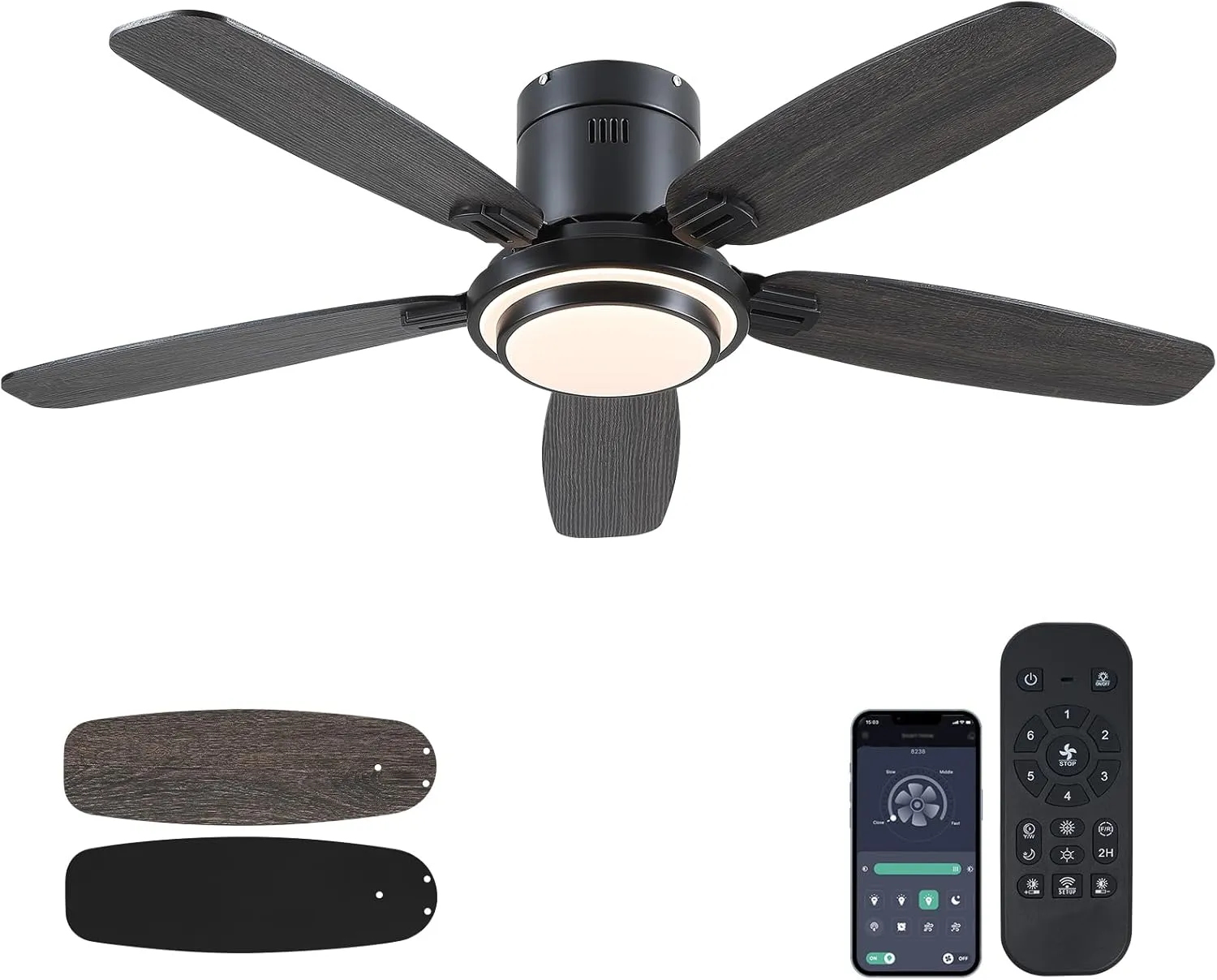 Low Profile Ceiling Fan with Lights and Remote/APP, 50 Inch Modern Flush Mount Ceiling Fan with 3CCT 6-Speeds Quiet DC Motor,Dimmable 3-Color Temperatures for Living Room Bedroom(Black) App-controlled remote fan for convenience
