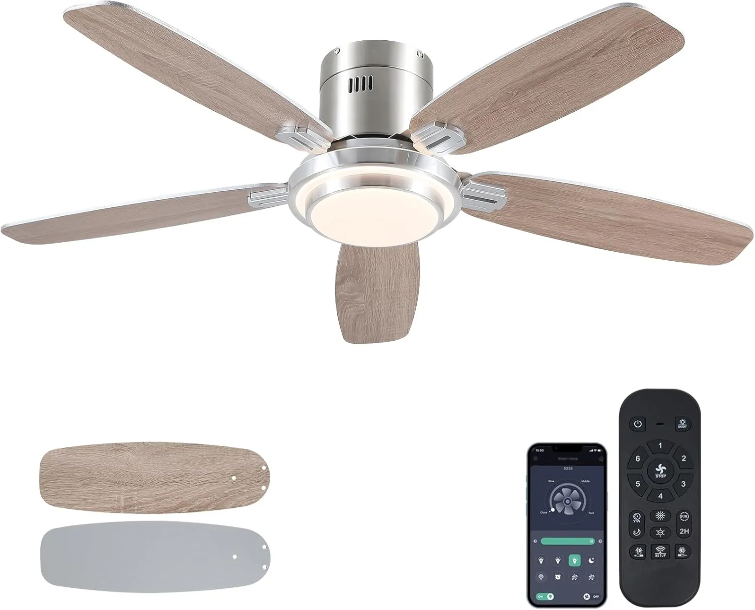 Low Profile Ceiling Fan with Lights and Remote/APP, 50 Inch Modern Flush Mount Ceiling Fan with 3CCT 6-Speeds Quiet DC Motor,Dimmable 3-Color Temperatures for Living Room Bedroom(Nickel) App-controlled remote fan for convenience