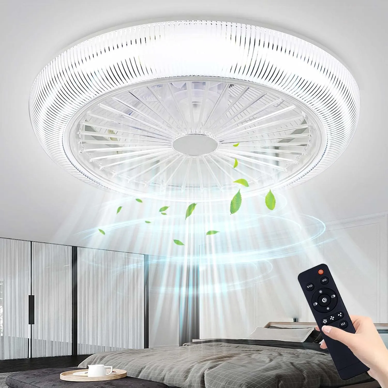 Low Profile Ceiling Fan with Lights Remote Control,183-Colors 3-Speeds Enclosed Bladeless 72W Smart Dimmable Flush Mount Ceiling Fan 7 Blades Timing,for Bedroom Fan with safety blade design