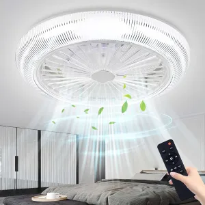 Low Profile Ceiling Fan with Lights Remote Control,183-Colors 3-Speeds Enclosed Bladeless 72W Smart Dimmable Flush Mount Ceiling Fan 7 Blades Timing,for Bedroom Fan with safety blade design