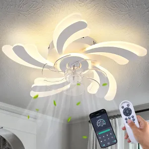 Low Profile Ceiling Fan with Remote & APP Control, Quiet Motor & Dimmable LED Light, White Flush Mount Ceiling Fan for Bedroom (6-Speed Timer) App-controlled remote fan for convenience