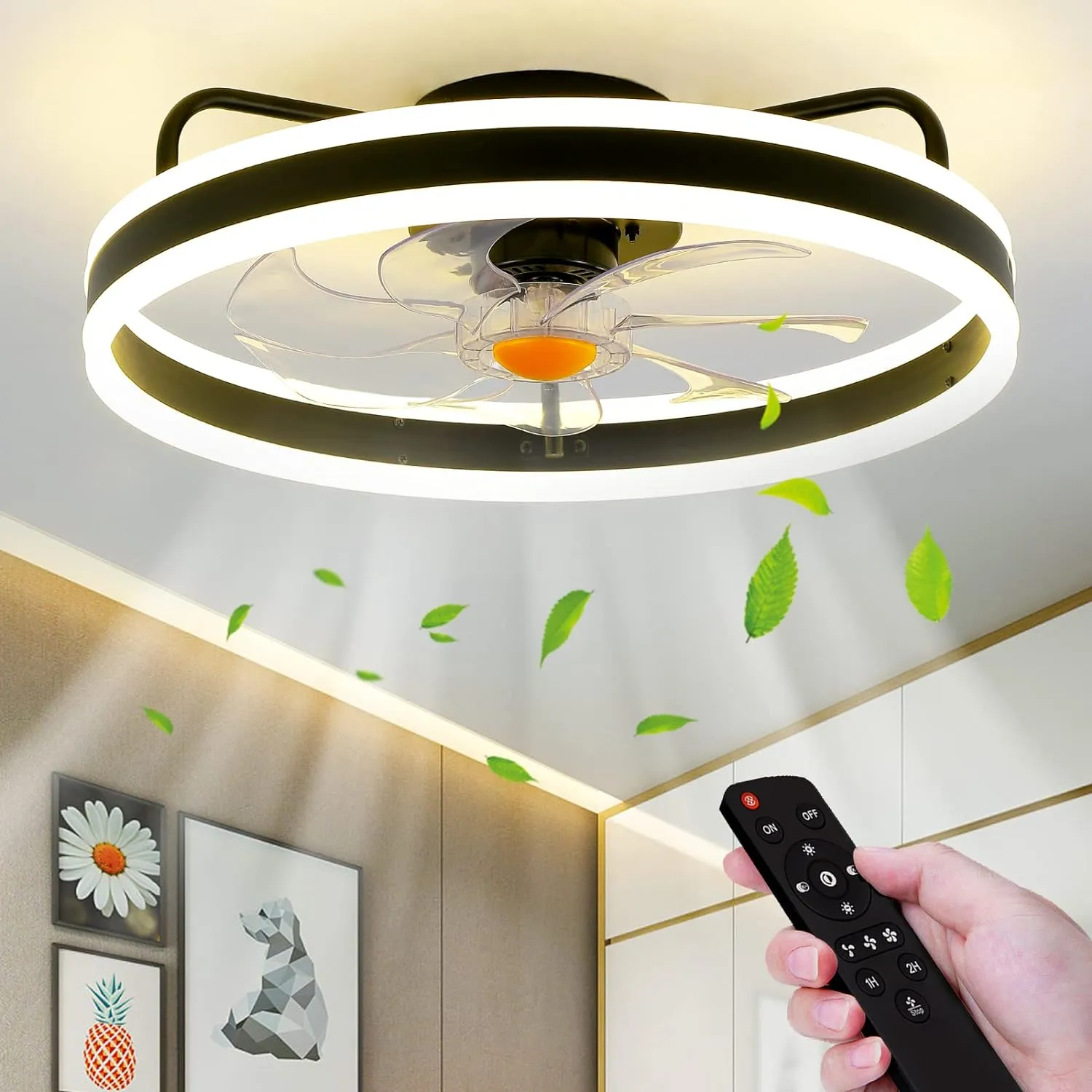 Low Profile Ceiling Fans with Lights Remote - 20" Flush Mount Modern Bladeless Ceiling Fan, Enclosed Small Black Fan with Dimming for Bedroom Small bladeless fan for quiet cooling