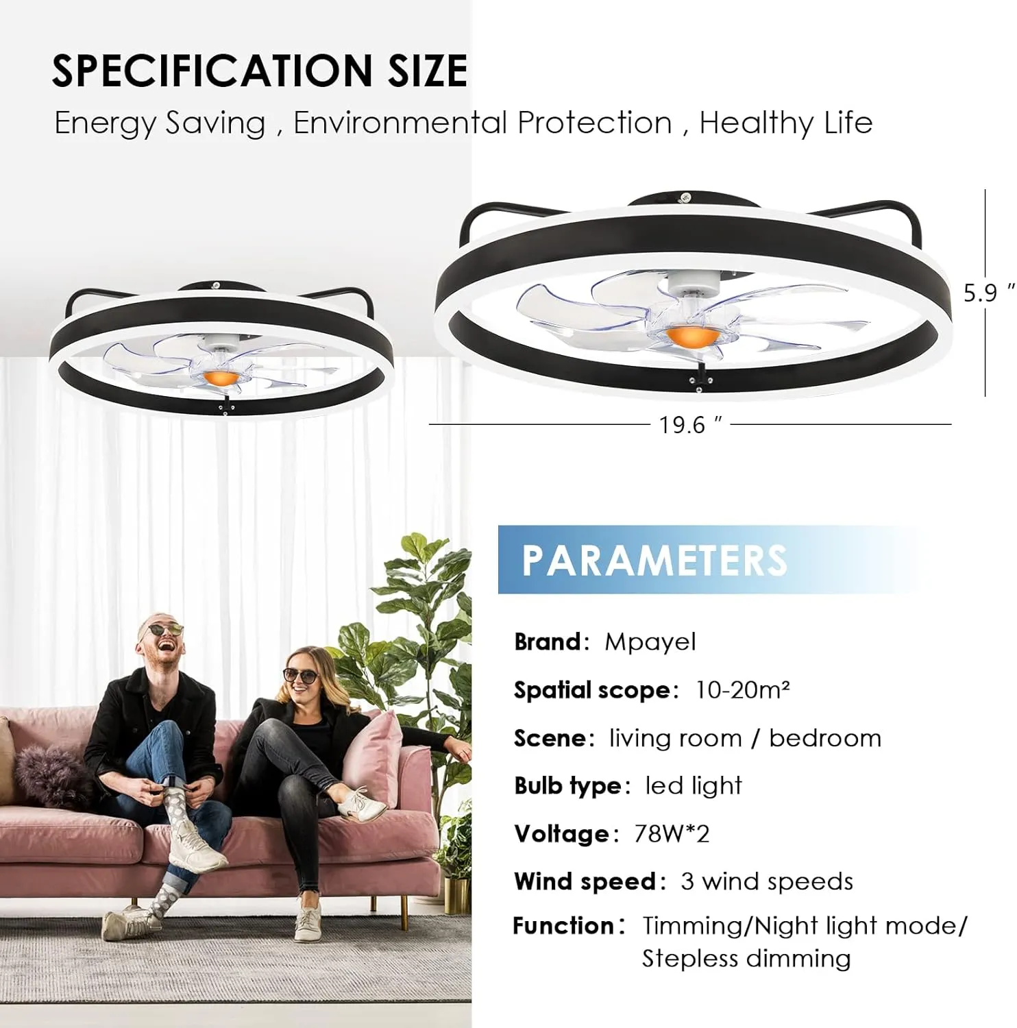 Low Profile Ceiling Fans with Lights Remote - 20" Flush Mount Modern Bladeless Ceiling Fan, Enclosed Small Black Fan with Dimming for Bedroom