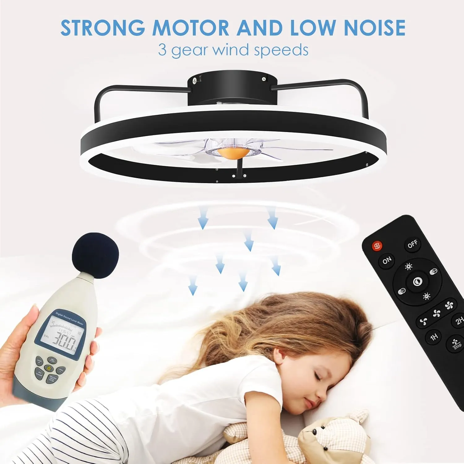 Low Profile Ceiling Fans with Lights Remote - 20" Flush Mount Modern Bladeless Ceiling Fan, Enclosed Small Black Fan with Dimming for Bedroom