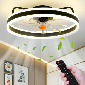 Low Profile Ceiling Fans with Lights Remote - 20" Flush Mount Modern Bladeless Ceiling Fan, Enclosed Small Black Fan with Dimming for Bedroom Small bladeless fan for quiet cooling