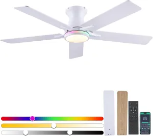 Low Profile RGB Ceiling Fans with Lights and Remote,52" White Flush Mount Ceiling Fans with Quiet Reversible DC Motor, Dimmable LED Ceiling Fan Light with 3 Colors 6 Speeds Fan with safety blade design
