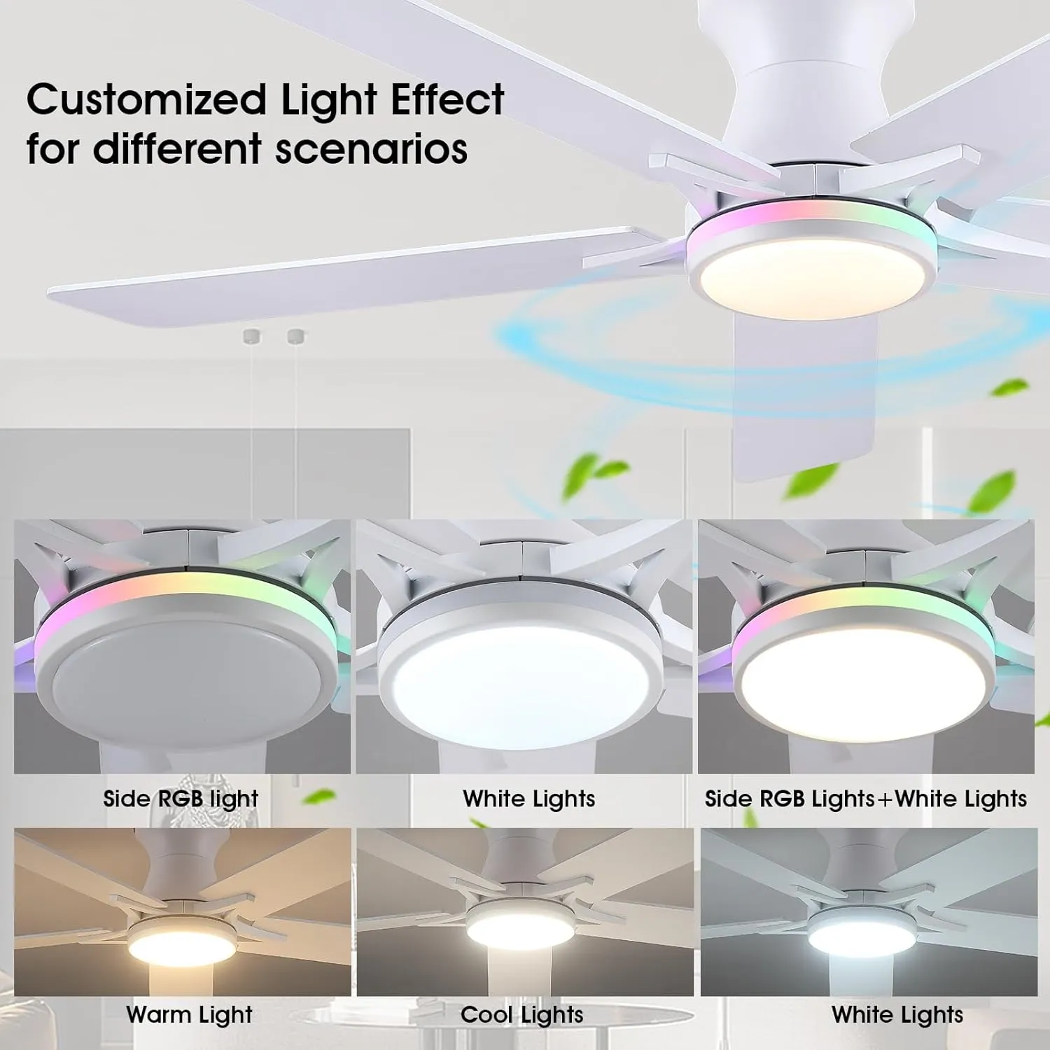 Low Profile RGB Ceiling Fans with Lights and Remote,52" White Flush Mount Ceiling Fans with Quiet Reversible DC Motor, Dimmable LED Ceiling Fan Light with 3 Colors 6 Speeds