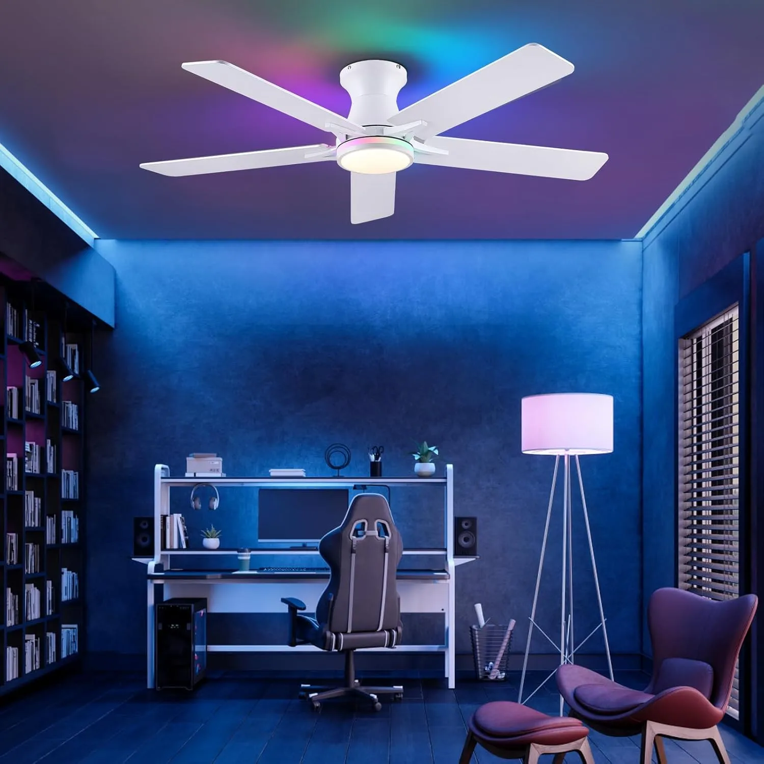 Low Profile RGB Ceiling Fans with Lights and Remote,52" White Flush Mount Ceiling Fans with Quiet Reversible DC Motor, Dimmable LED Ceiling Fan Light with 3 Colors 6 Speeds