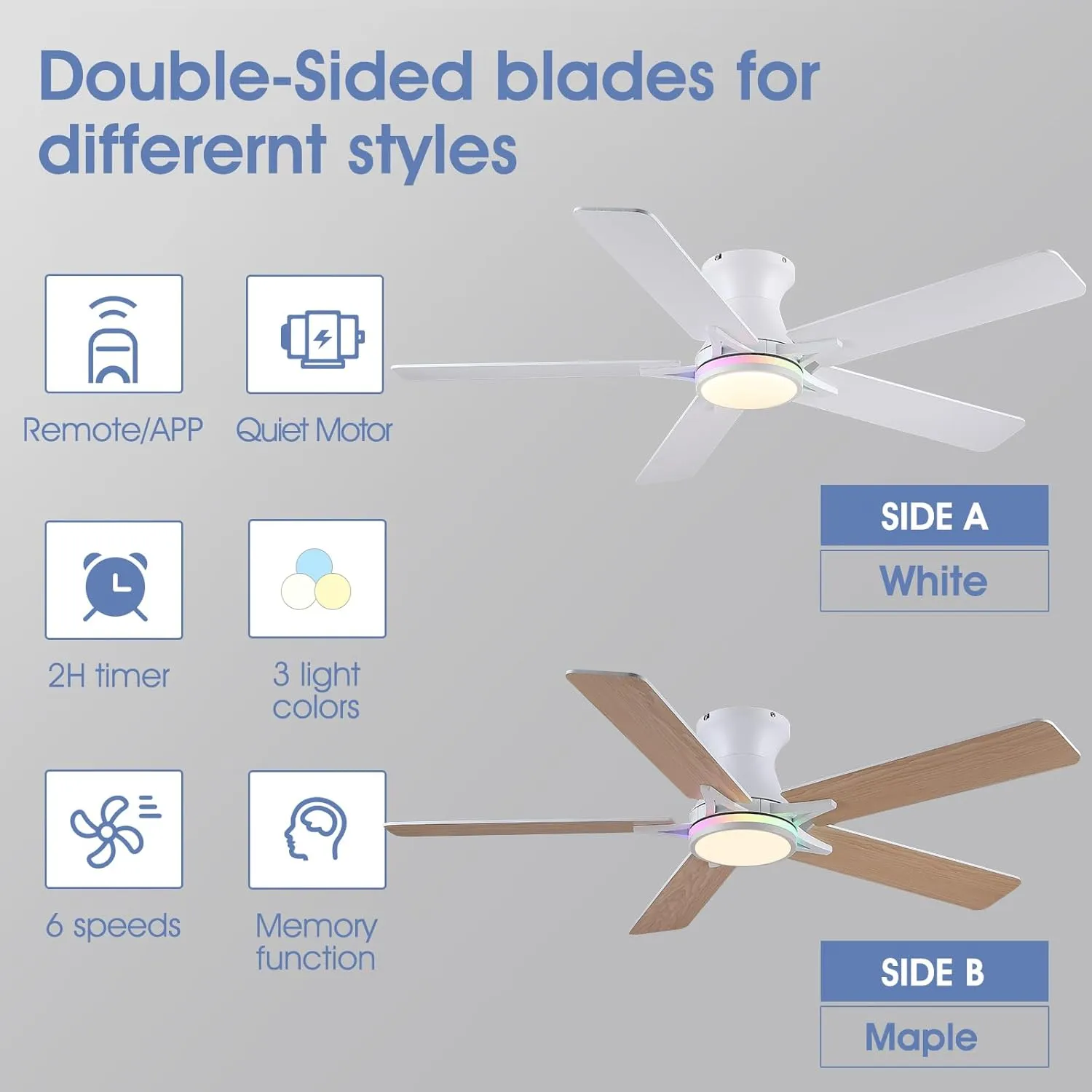 Low Profile RGB Ceiling Fans with Lights and Remote,52" White Flush Mount Ceiling Fans with Quiet Reversible DC Motor, Dimmable LED Ceiling Fan Light with 3 Colors 6 Speeds
