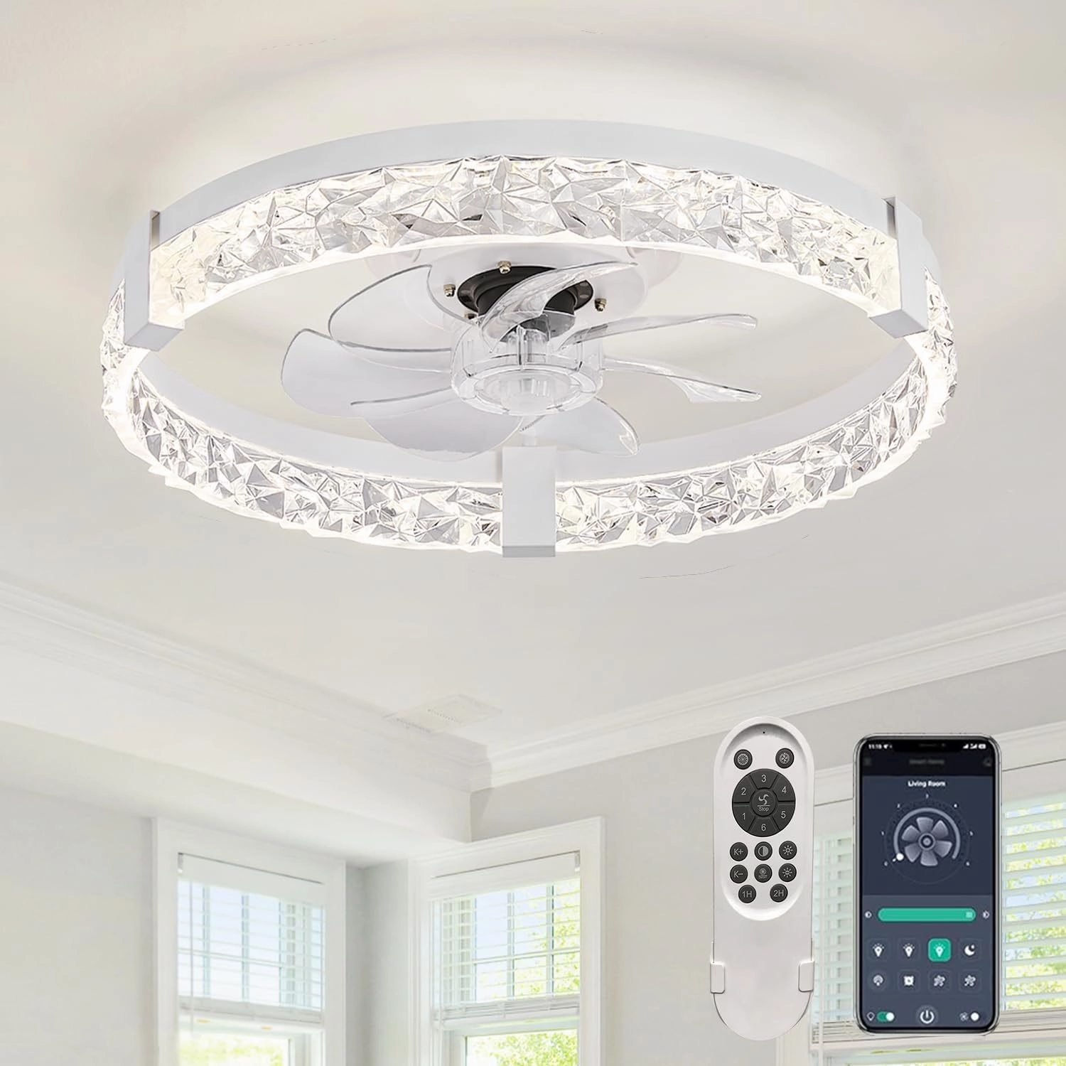Low Profile Ceiling Fan with Light and Remote - 19.7'' Smart Fan, with Remote Control/WiFi/APP, 6 Speed Settings, Dimmable 3000K-6000K LED, Flush Mount Ceiling Fan for Bedroom(White) App-controlled remote fan for convenience