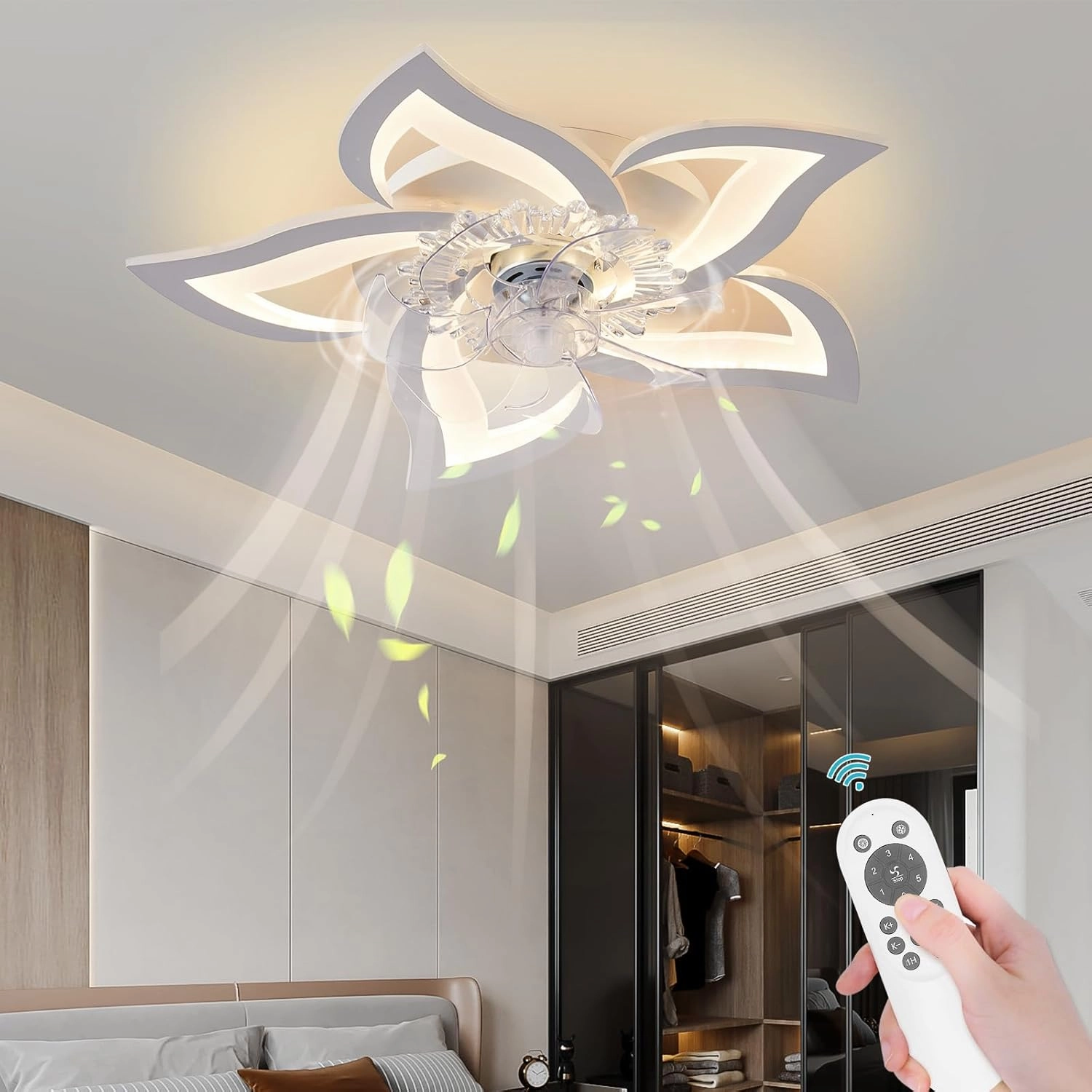 Low Profile Ceiling Fan with Lights,110v Modern Dimmable Flower Shape, Remote Control/app Control,Timing 6 Gear Speeds Fan Ceiling Lamp. App-controlled remote fan for convenience
