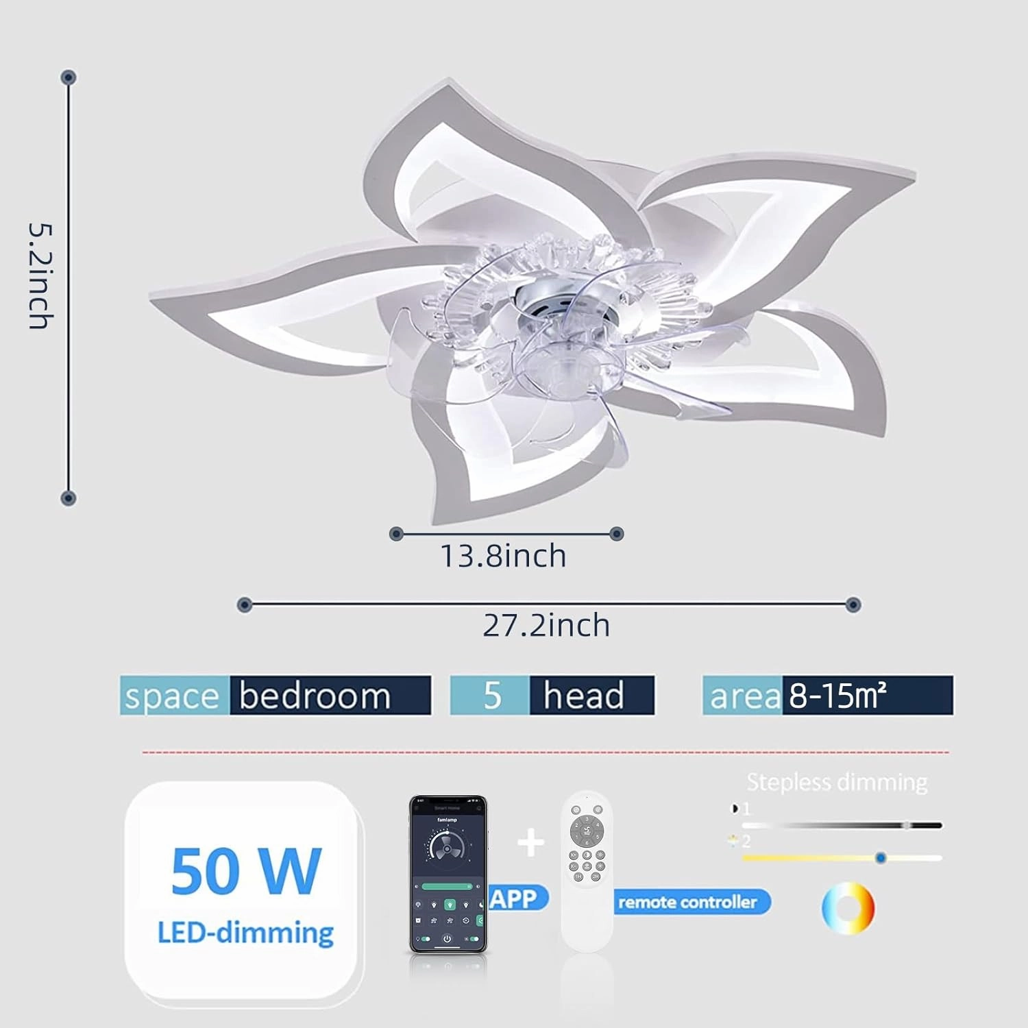 Low Profile Ceiling Fan with Lights,110v Modern Dimmable Flower Shape, Remote Control/app Control,Timing 6 Gear Speeds Fan Ceiling Lamp.