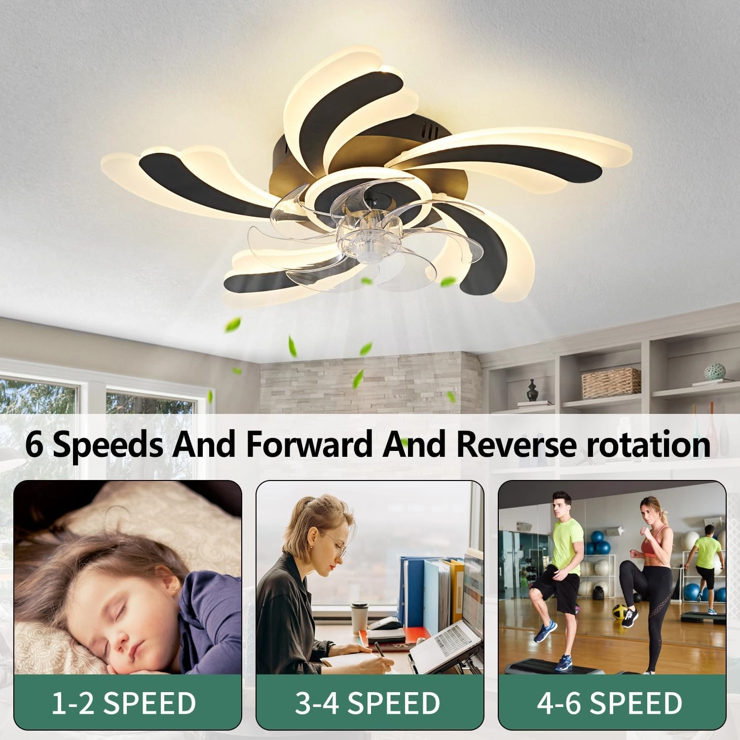 Low Profile Ceiling Fan with Remote &APP Control, Quiet Motor & Dimmable LED Light, Black Flush Mount Ceiling Fan for Bedroom (6-Speed Timer)