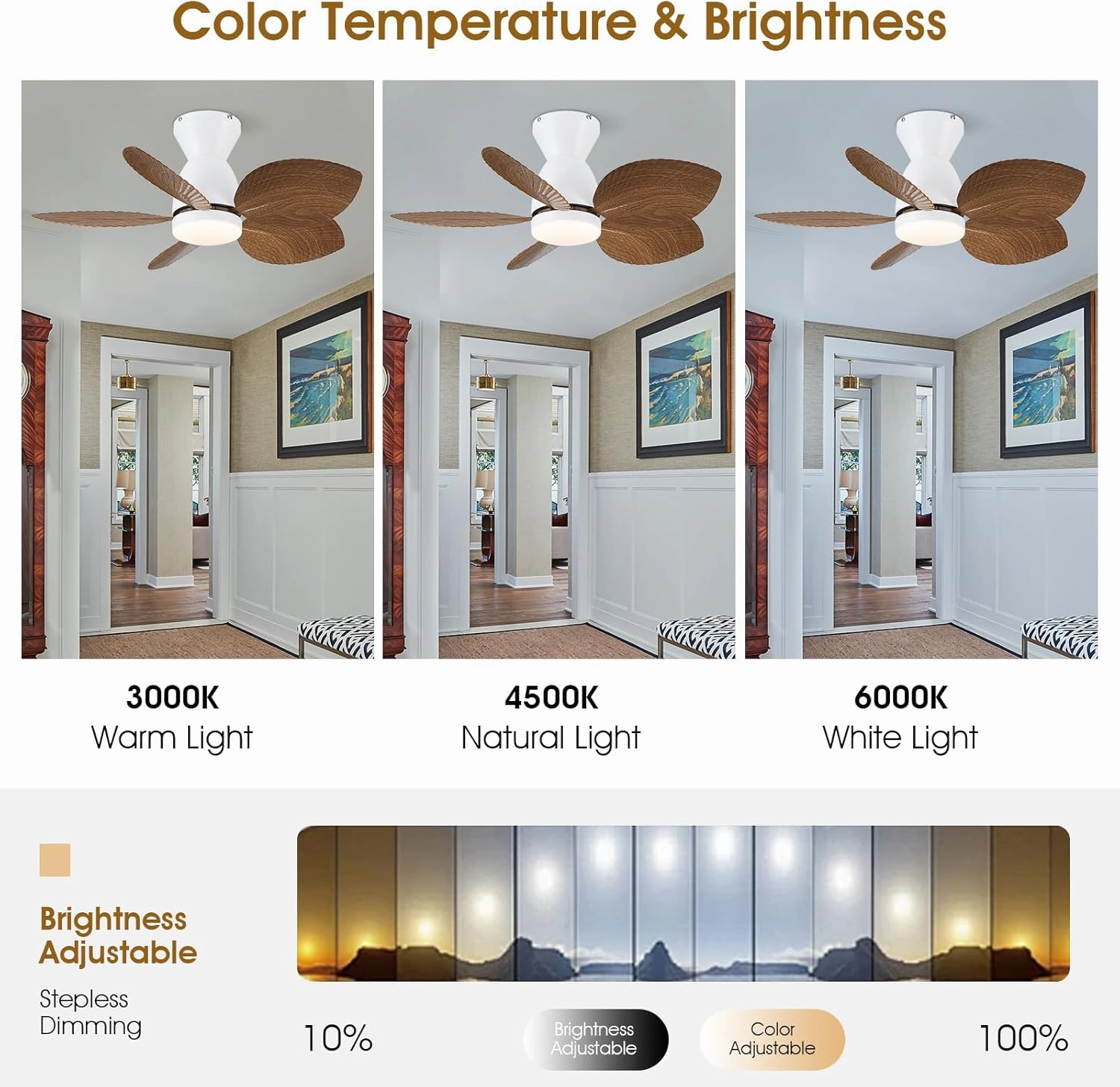 Low Profile Ceiling Fans with Lights and Remote/APP Control, 30 Inch Small Tropical Ceiling Fan with Light Flush Mount, Outdoor Palm Leaf Ceiling Fans for Patios Porch, Quiet, Wood Grain