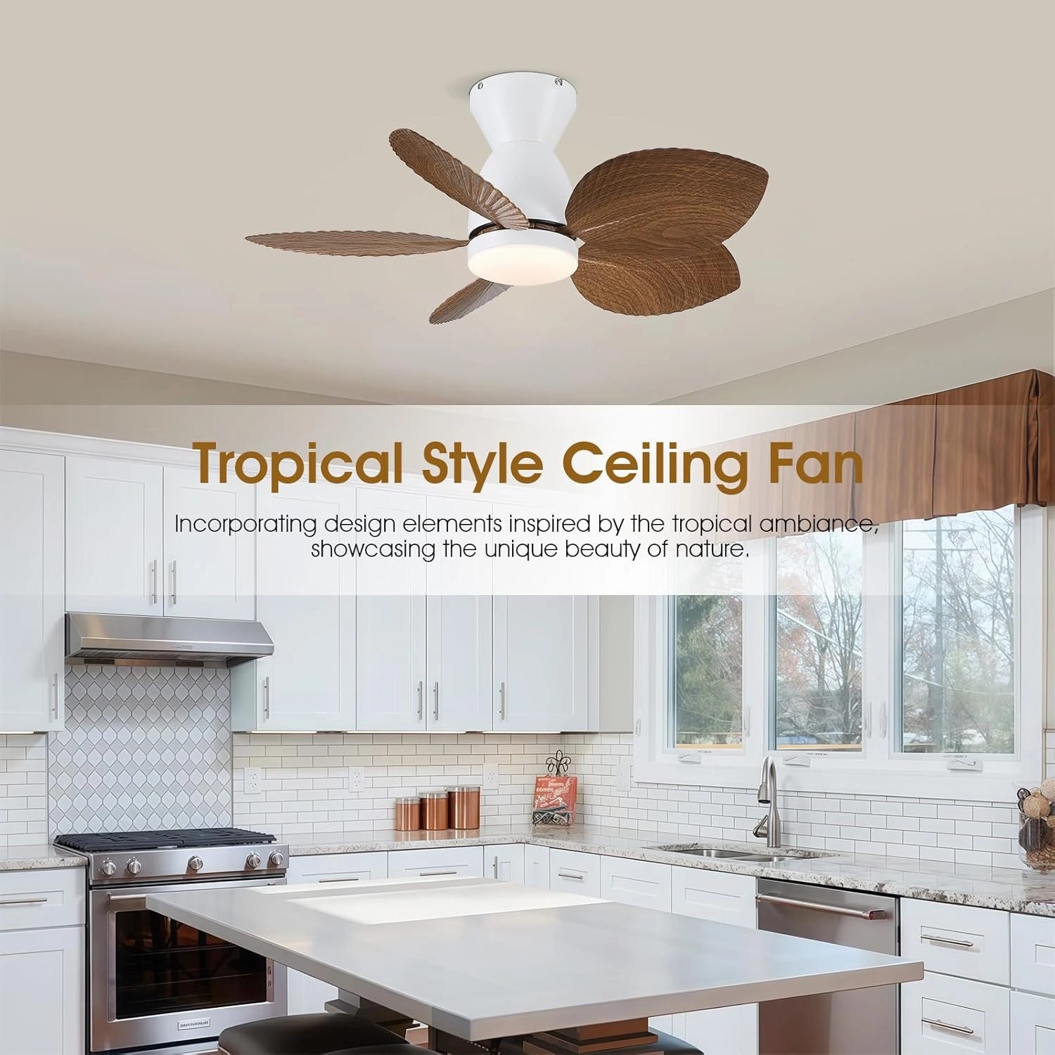 Low Profile Ceiling Fans with Lights and Remote/APP Control, 30 Inch Small Tropical Ceiling Fan with Light Flush Mount, Outdoor Palm Leaf Ceiling Fans for Patios Porch, Quiet, Wood Grain