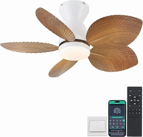 Low Profile Ceiling Fans with Lights and Remote/APP Control, 30 Inch Small Tropical Ceiling Fan with Light Flush Mount, Outdoor Palm Leaf Ceiling Fans for Patios Porch, Quiet, Wood Grain App-controlled remote fan for convenience