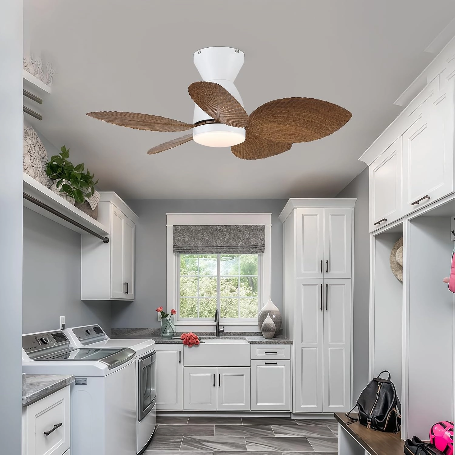 Low Profile Ceiling Fans with Lights and Remote/APP Control, 30 Inch Small Tropical Ceiling Fan with Light Flush Mount, Outdoor Palm Leaf Ceiling Fans for Patios Porch, Quiet, Wood Grain