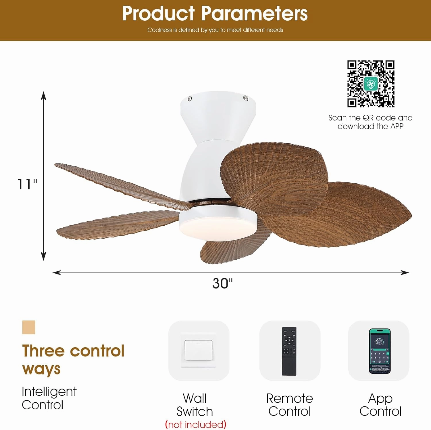 Low Profile Ceiling Fans with Lights and Remote/APP Control, 30 Inch Small Tropical Ceiling Fan with Light Flush Mount, Outdoor Palm Leaf Ceiling Fans for Patios Porch, Quiet, Wood Grain
