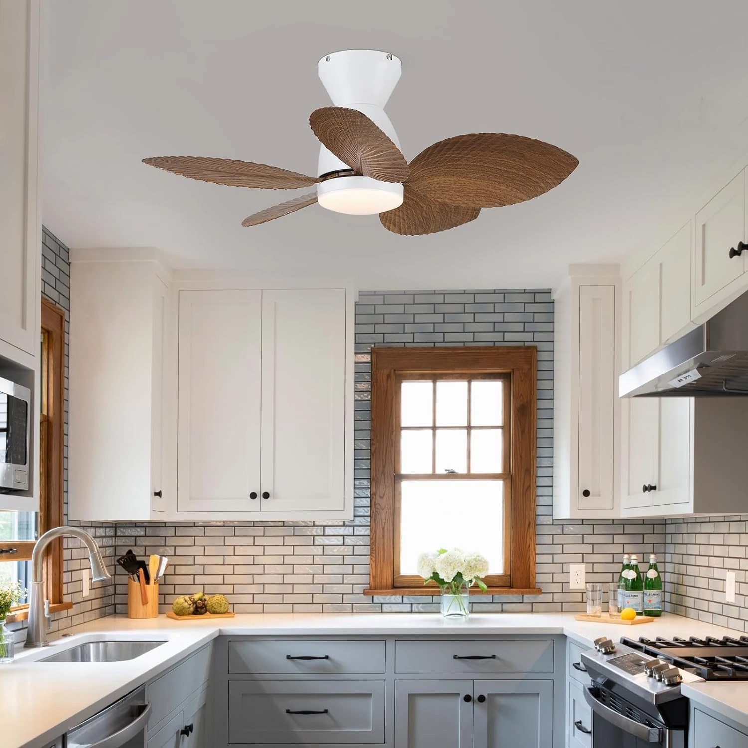 Low Profile Ceiling Fans with Lights and Remote/APP Control, 30 Inch Small Tropical Ceiling Fan with Light Flush Mount, Outdoor Palm Leaf Ceiling Fans for Patios Porch, Quiet, Wood Grain