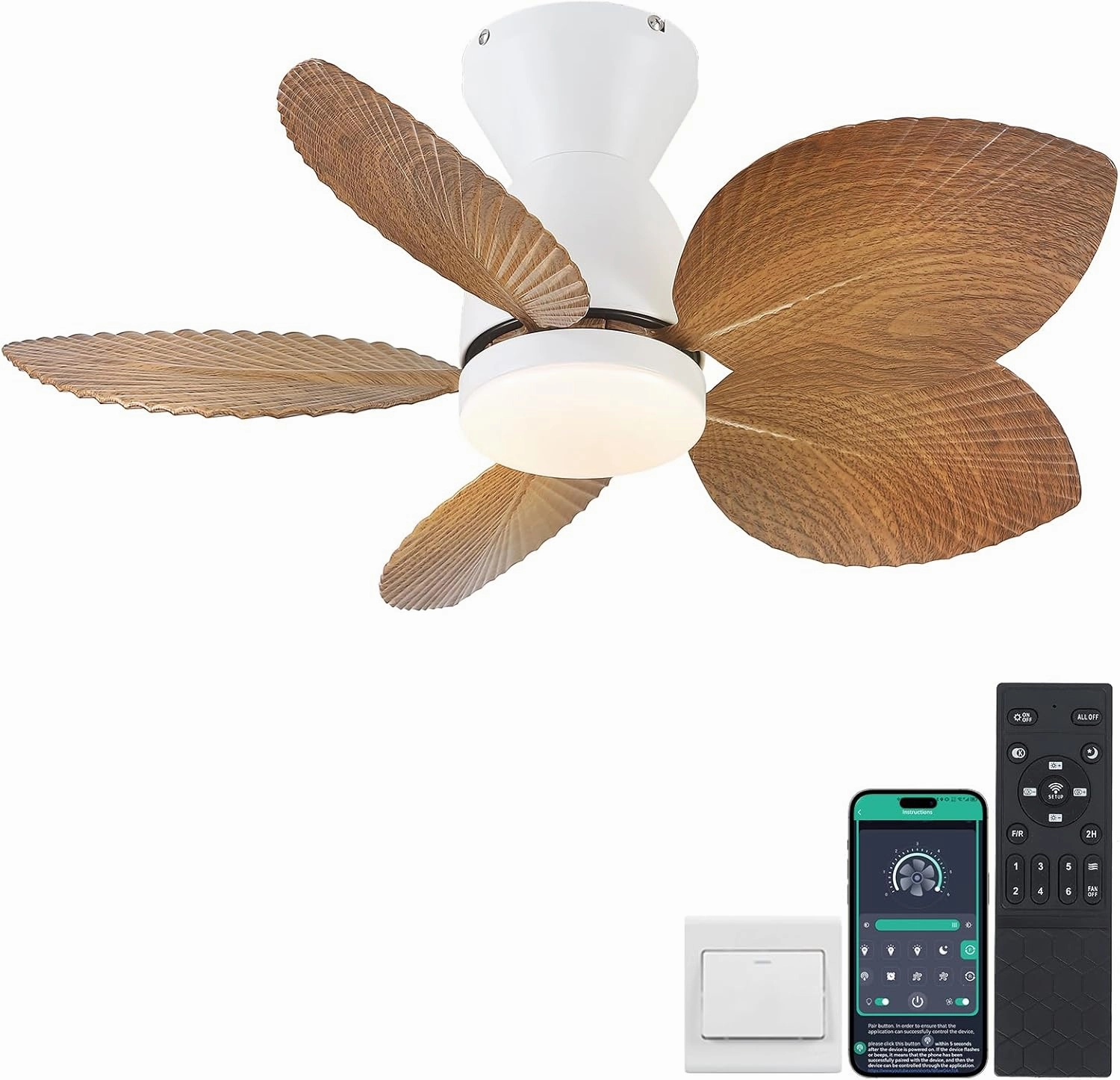 Low Profile Ceiling Fans with Lights and Remote/APP Control, 30 Inch Small Tropical Ceiling Fan with Light Flush Mount, Outdoor Palm Leaf Ceiling Fans for Patios Porch, Quiet, Wood Grain App-controlled remote fan for convenience