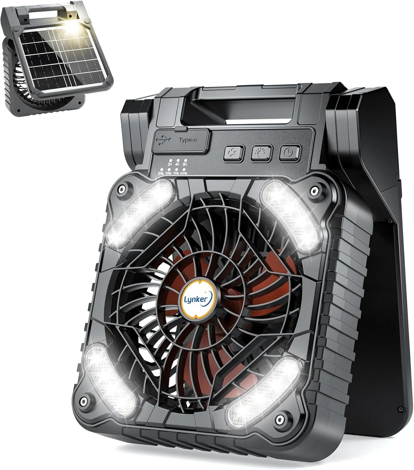 lynker Camping Fan Solar Powered with LED Lantern & Power Bank, Portable Rechargeable Battery Operated, 4 Speeds, 35dB Ultra-Quiet, 8H Timer, Foldable Fan for Tent, RV, Emergency, Hiking (Orange) Solar-powered car fan for ventilation
