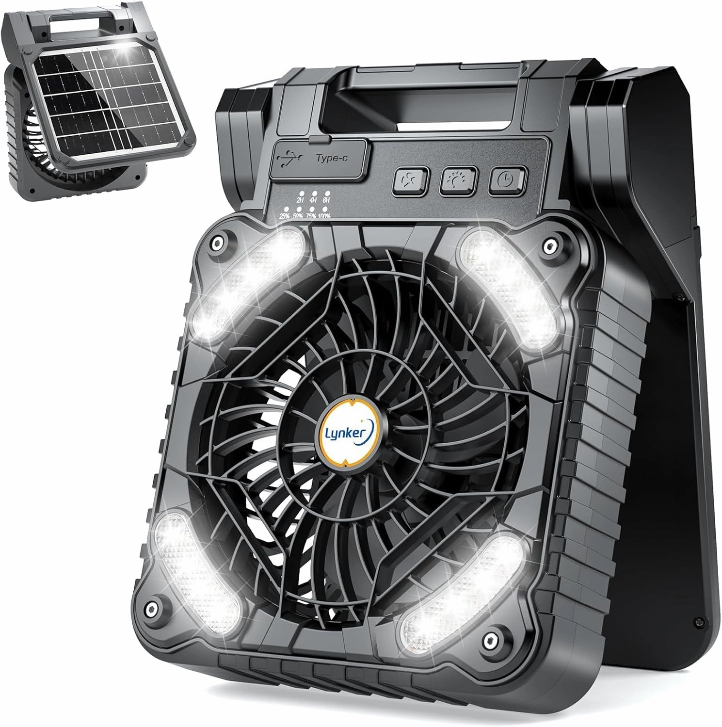 lynker Camping Fan Solar Powered with LED Lantern & Power Bank, Portable Rechargeable Battery Operated, 4 Speeds, 35dB Ultra-Quiet, 8H Timer, Foldable Fan for Tent, RV, Emergency, Hiking (Black) Solar-powered car fan for ventilation