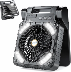 lynker Camping Fan Solar Powered with LED Lantern & Power Bank, Portable Rechargeable Battery Operated, 4 Speeds, 35dB Ultra-Quiet, 8H Timer, Foldable Fan for Tent, RV, Emergency, Hiking (Black) Solar-powered car fan for ventilation