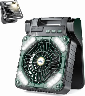 lynker Camping Fan Solar Powered with LED Lantern & Power Bank, Portable Rechargeable Battery Operated, 4 Speeds, 35dB Ultra-Quiet, 8H Timer, Foldable Fan for Tent, RV, Emergency, Hiking (Green) Solar-powered car fan for ventilation