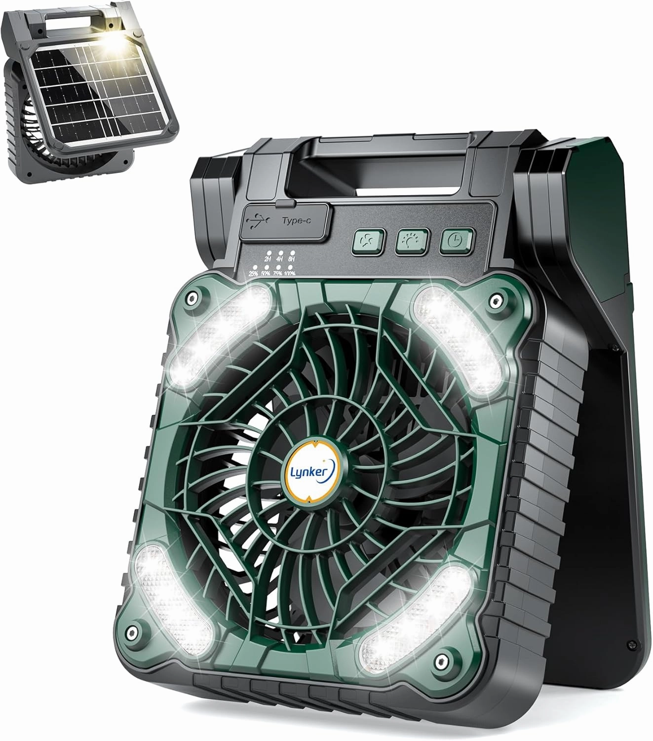lynker Camping Fan Solar Powered with LED Lantern & Power Bank, Portable Rechargeable Battery Operated, 4 Speeds, 35dB Ultra-Quiet, 8H Timer, Foldable Fan for Tent, RV, Emergency, Hiking (Green) Solar-powered car fan for ventilation