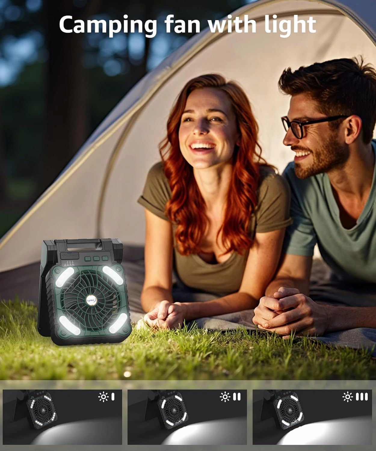 lynker Camping Fan Solar Powered with LED Lantern & Power Bank, Portable Rechargeable Battery Operated, 4 Speeds, 35dB Ultra-Quiet, 8H Timer, Foldable Fan for Tent, RV, Emergency, Hiking (Green)