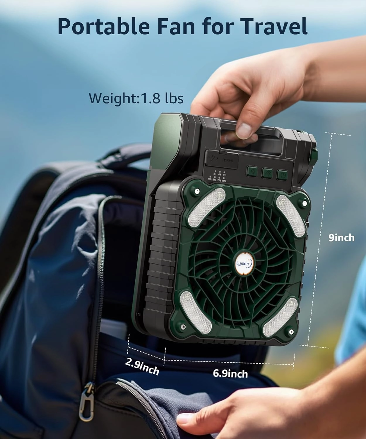 lynker Camping Fan Solar Powered with LED Lantern & Power Bank, Portable Rechargeable Battery Operated, 4 Speeds, 35dB Ultra-Quiet, 8H Timer, Foldable Fan for Tent, RV, Emergency, Hiking (Green)