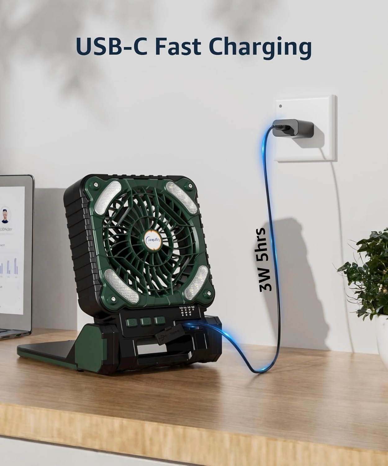 lynker Camping Fan Solar Powered with LED Lantern & Power Bank, Portable Rechargeable Battery Operated, 4 Speeds, 35dB Ultra-Quiet, 8H Timer, Foldable Fan for Tent, RV, Emergency, Hiking (Green)