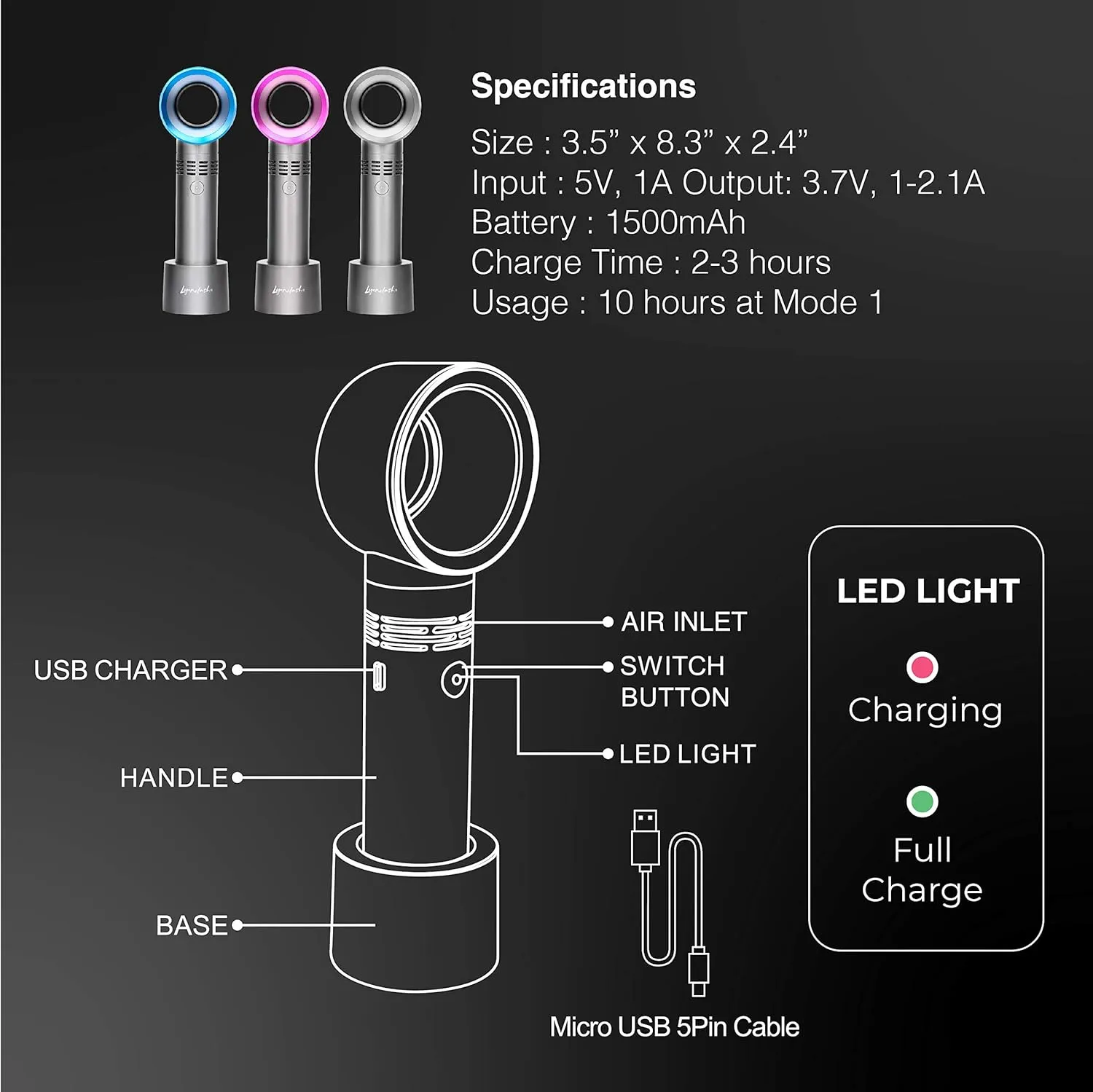 Lyon Lash Portable USB Rechargeable Bladeless Mini Fan/Air Conditioning Blower/Handheld Cooling Dryer, Essential Eyelash Extension Supplies, Dries Eyelash Extensions Glue/Adhesive Rapidly (Silver)