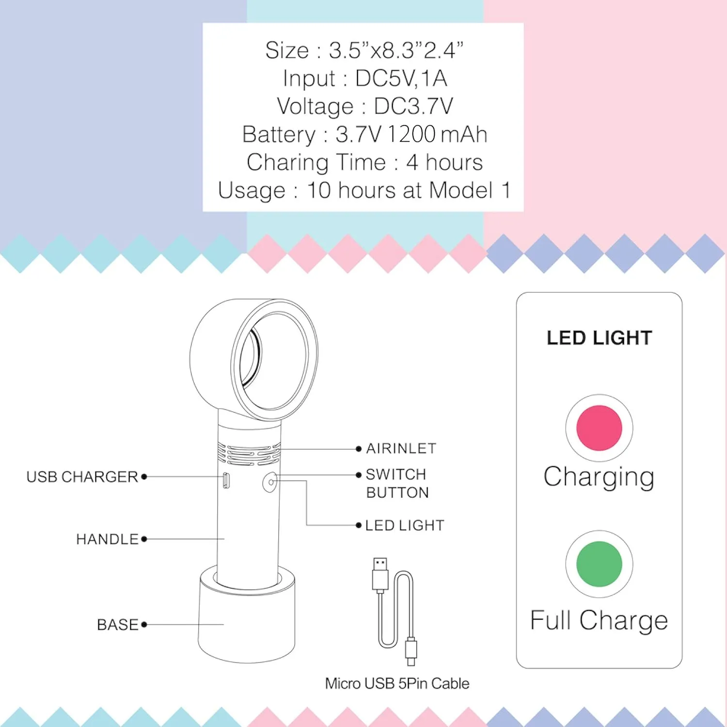Lyon Lash Portable USB Rechargeable Bladeless Mini Fan/Air Conditioning Blower/Handheld Cooling Dryer, Essential Eyelash Extension Supplies, Dries Eyelash Extensions Glue/Adhesive Rapidly (White)
