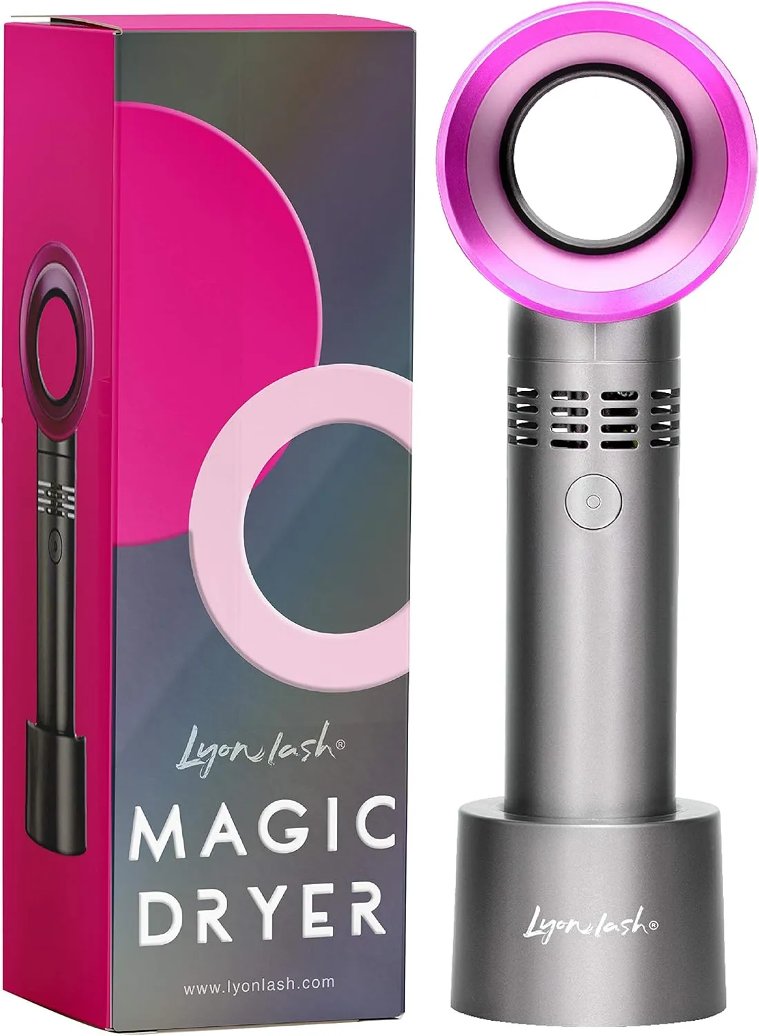 Lyon Lash Portable USB Rechargeable Bladeless Mini Fan/Air Conditioning Blower/Handheld Cooling Dryer, Essential Eyelash Extension Supplies, Dries Glue/Adhesive Rapidly (Nickel/Fuchsia Pink) Small bladeless fan for quiet cooling