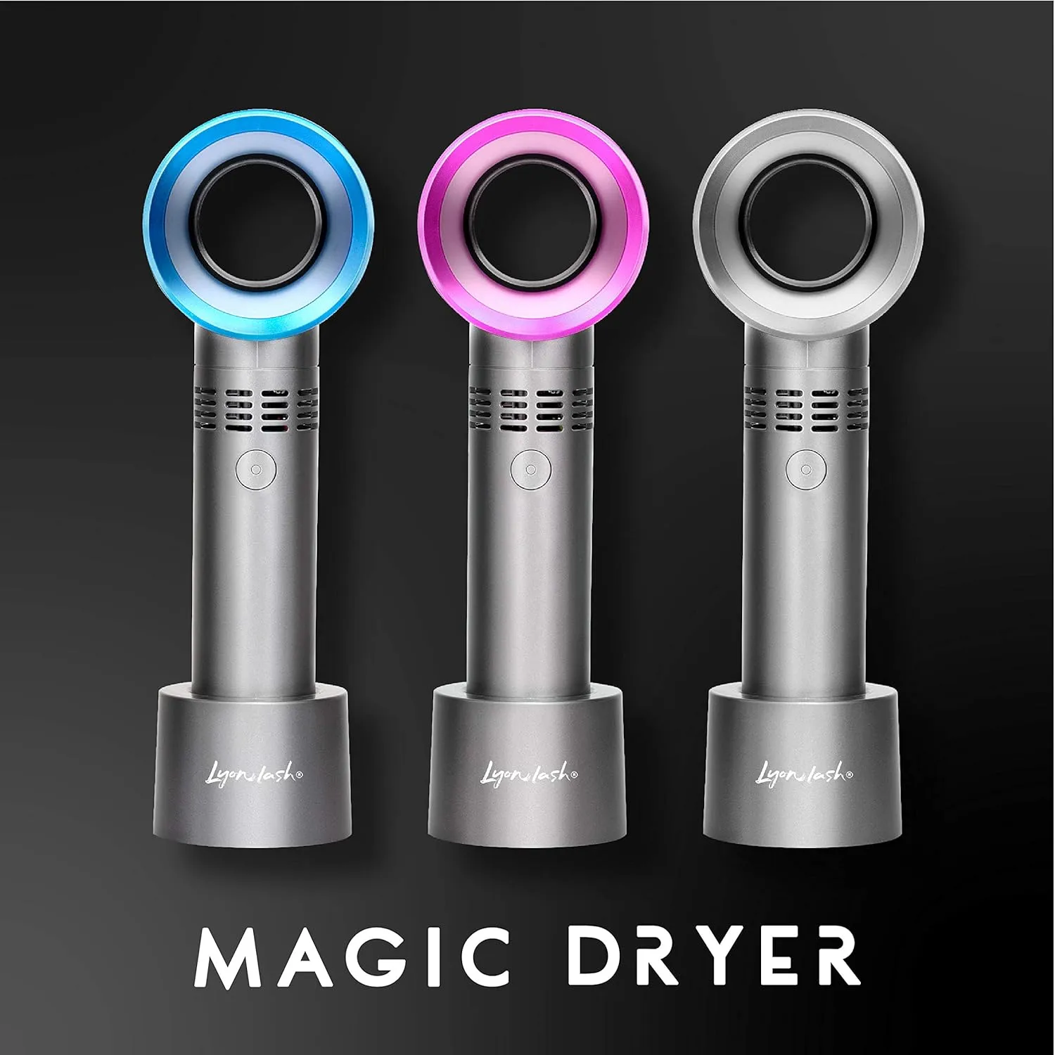 Lyon Lash Portable USB Rechargeable Bladeless Mini Fan/Air Conditioning Blower/Handheld Cooling Dryer, Essential Eyelash Extension Supplies, Dries Glue/Adhesive Rapidly (Nickel/Fuchsia Pink)