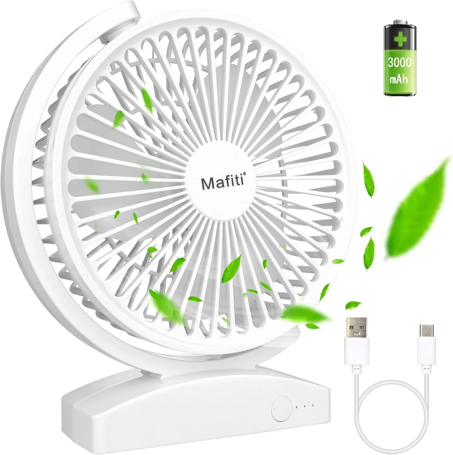 mafiti 6.6 Inch Small Desk Fan for Bedroom, 3000mAh Powerful USB Table Fan Rechargeable Electric Fan for Bedside Home Office Desktop Camping (White) USB desktop fan for workspace