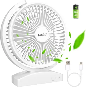 mafiti 6.6 Inch Small Desk Fan for Bedroom, 3000mAh Powerful USB Table Fan Rechargeable Electric Fan for Bedside Home Office Desktop Camping (White) USB desktop fan for workspace