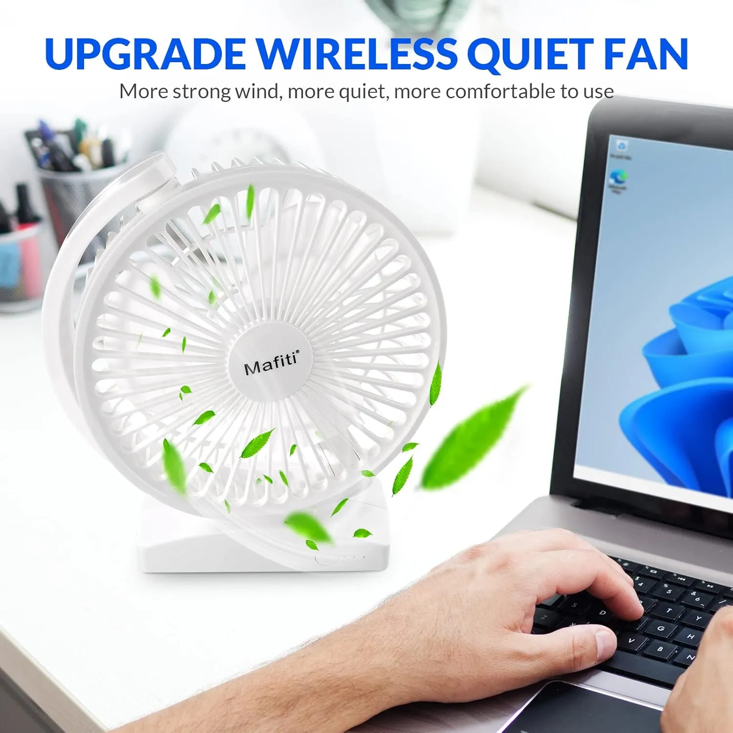 mafiti 6.6 Inch Small Desk Fan for Bedroom, 3000mAh Powerful USB Table Fan Rechargeable Electric Fan for Bedside Home Office Desktop Camping (White)
