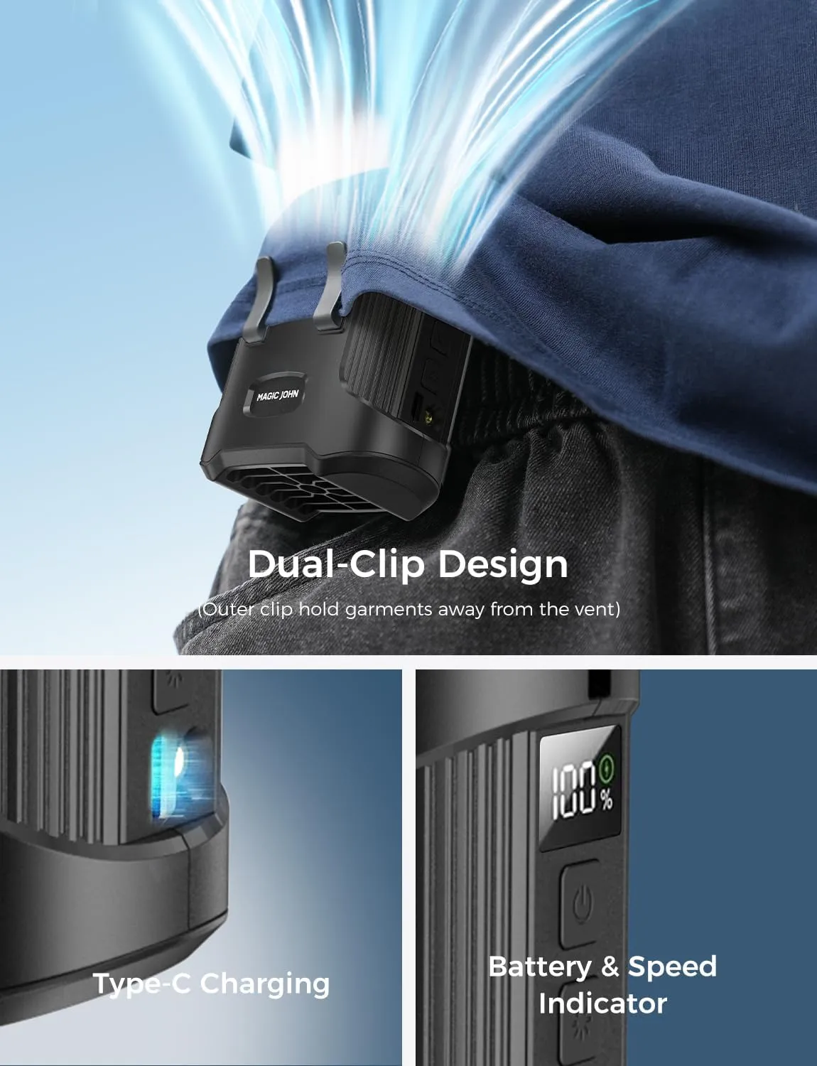 MAGIC JOHN Portable Waist Fan, Clip on Wearable Belt Personal Fan, 3 Speeds Rechargeable Hands-Free Hanging Neck Fan with 4000mAh Battery/Flashlight, for Camping, OutdoorBlack