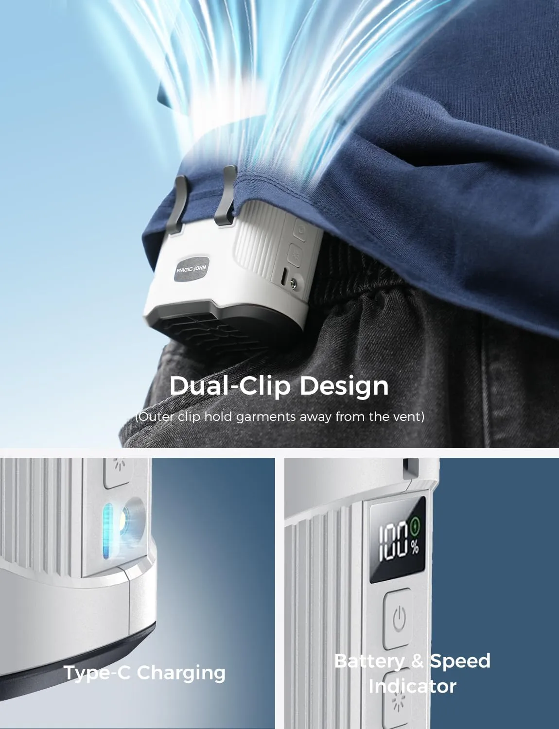 MAGIC JOHN Portable Waist Fan, Clip on Wearable Belt Personal Fan, 3 Speeds Rechargeable Hands-Free Hanging Neck Fan with 4000mAh Battery/Flashlight, for Camping, OutdoorGray