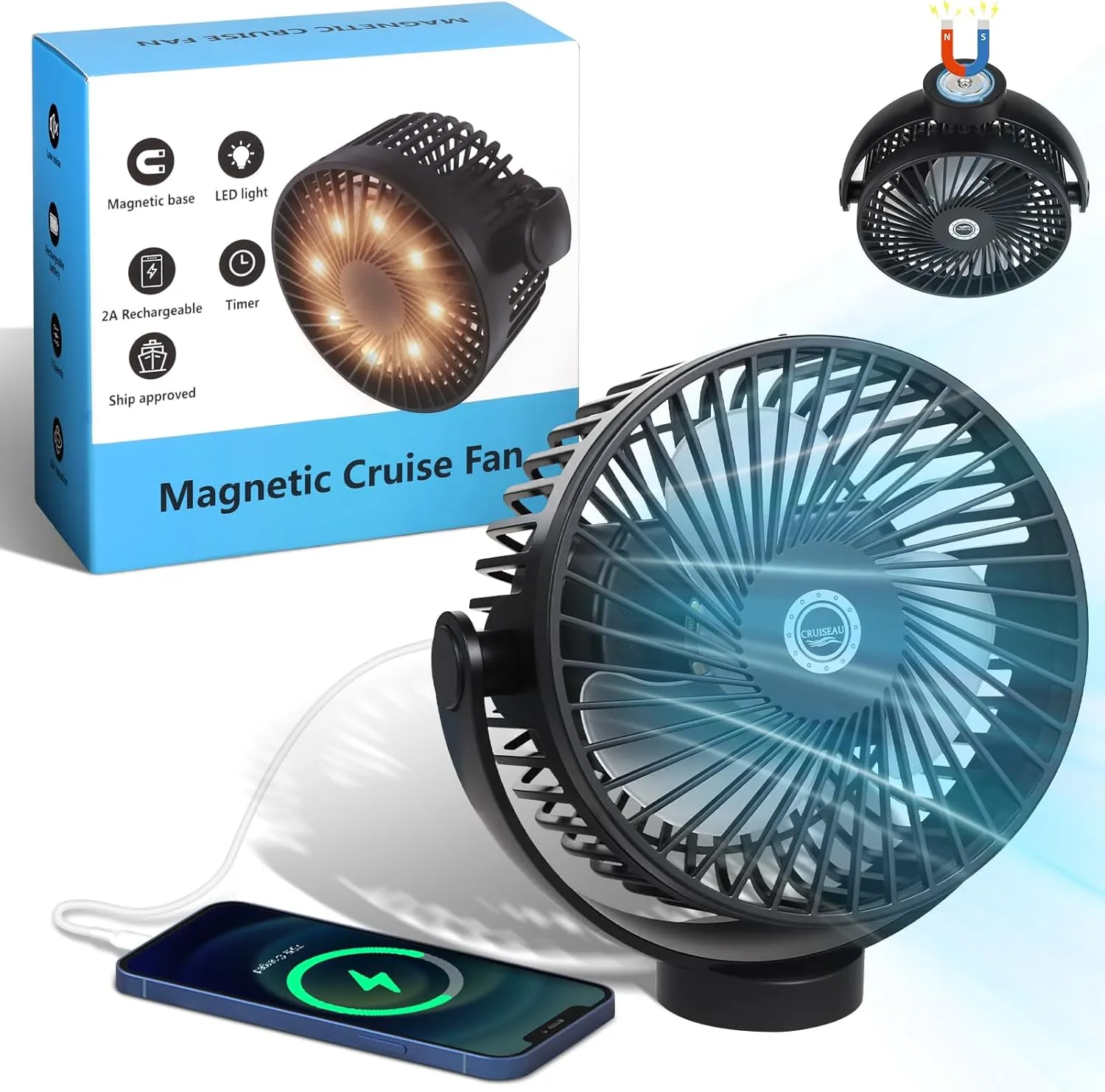 Magnetic Cruise Fan with 8000mAh Rechargeable Battery, LED Light, Timer&Power Output, Magnetically Sticks on Cabin Ceilings and Walls, Ship Approved Cabin Air Circulator Battery-powered portable fan