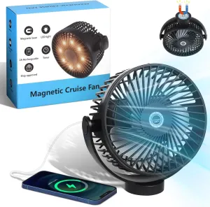 Magnetic Cruise Fan with 8000mAh Rechargeable Battery, LED Light, Timer&Power Output, Magnetically Sticks on Cabin Ceilings and Walls, Ship Approved Cabin Air Circulator Battery-powered portable fan