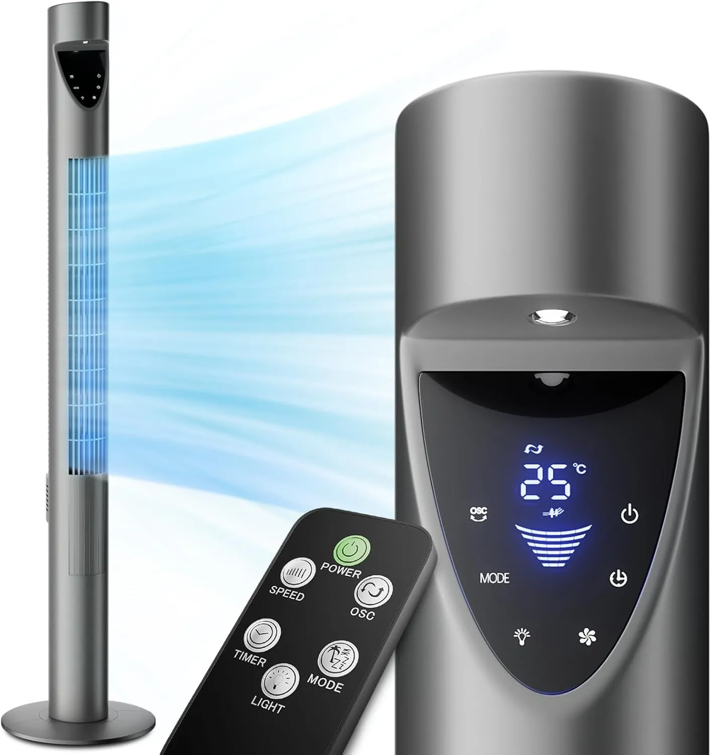 Magshion 47" Bladeless Tower Fan for Bedroom, Quiet 20dB Cooling Fan with Remote & Touch Screen, 3 Modes & 3 Speeds, 39ft/s Airflow, 70 Oscillating Standing Fan with Timer (Gray) Small bladeless fan for quiet cooling